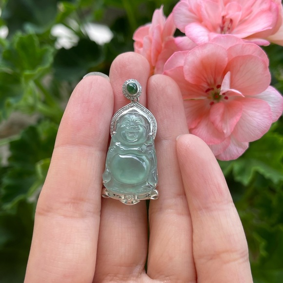 18K Jade Buddha Diamond Pendant Necklace For Women - Picture 5 of 5